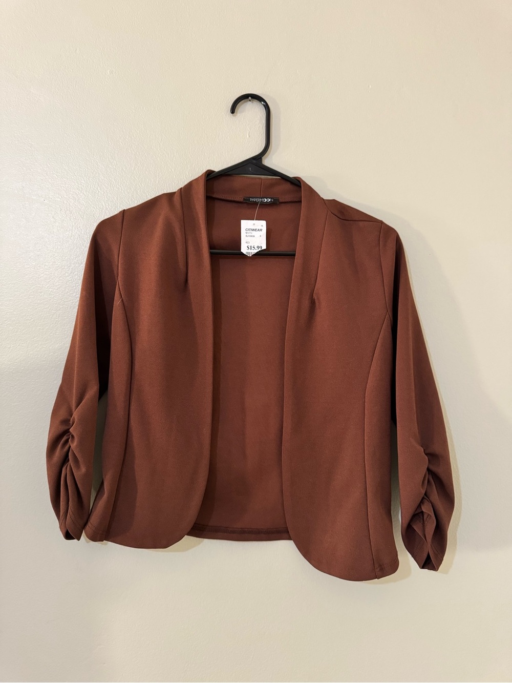 Papermoon Brick Brown Open-Front Blazer with Ruched Three-Quarter Sleeves